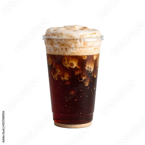 Close up of a refreshing cold brew coffee in a disposable cup topped with exquisite foam perfect for your cafe or beverage concepts