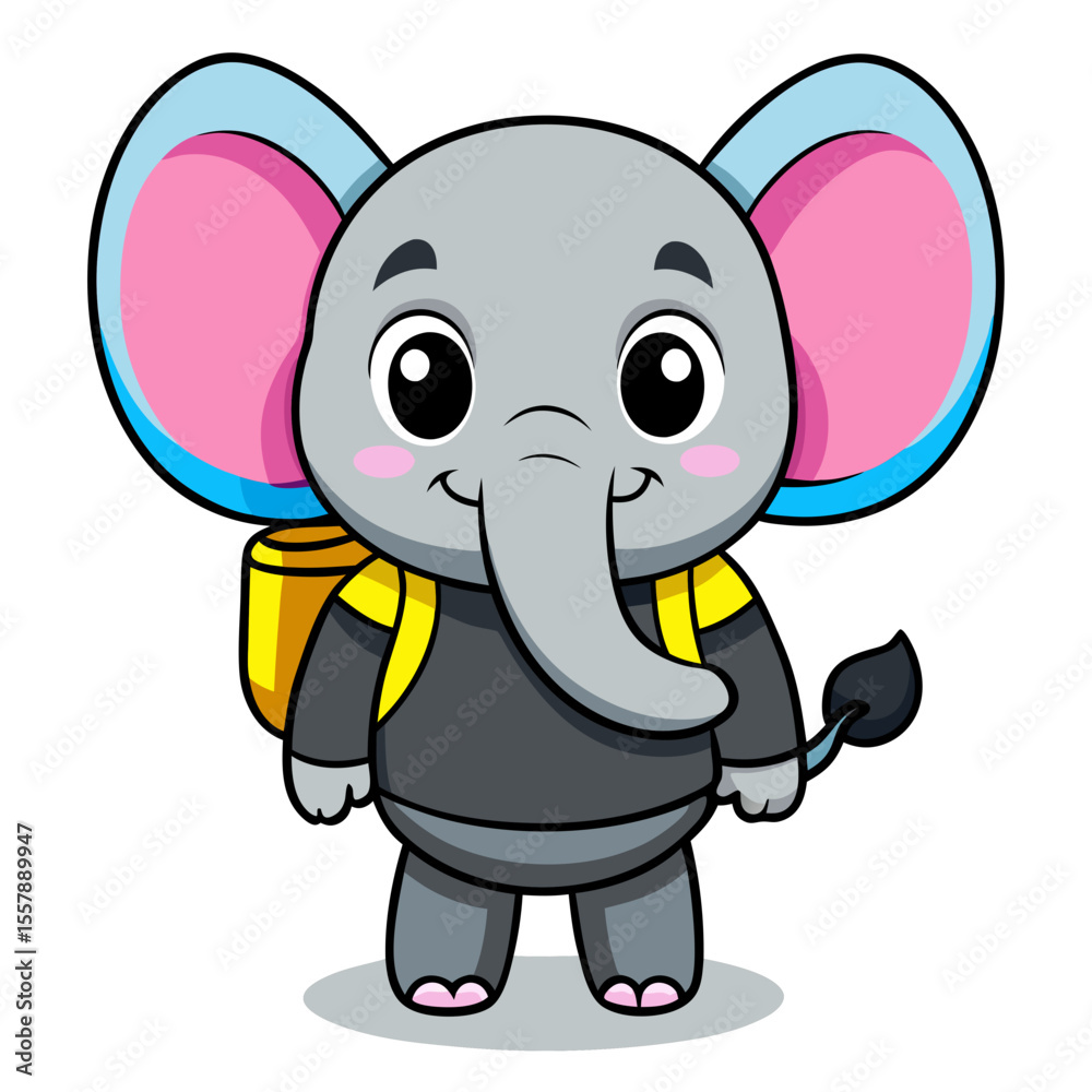Fototapeta premium Cute cartoon baby elephant wearing a backpack and smiling isolated on white background