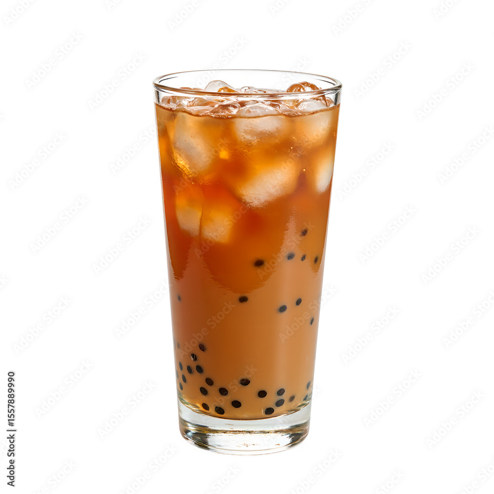 Refreshing Thai iced tea in a clear glass with condensed milk swirled in isolated on a clean white background Refreshing Thai iced tea in a clear glass with condensed milk swirled in isolated on a clean white background