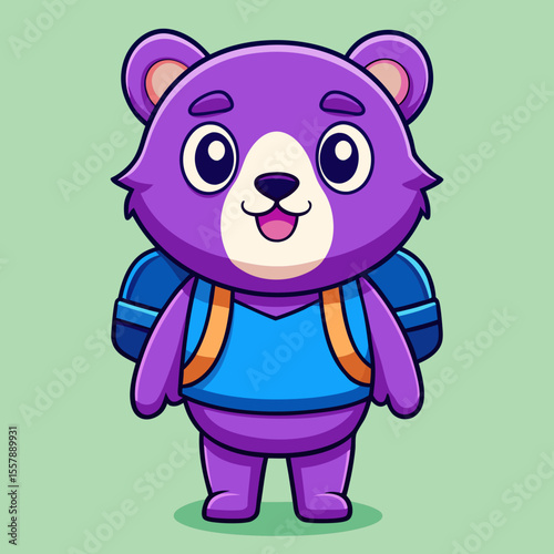 Cute purple bear character wearing blue backpack and vest isolated on white background