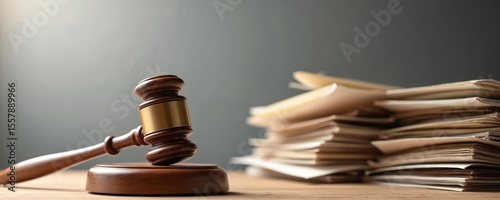 Wooden gavel legal files stack. Symbol of justice, law, legal system, courtroom, court hearing, trial, verdict, penalty. Representing concepts of jurisprudence, decision making, legal proceedings.