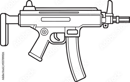 Military submachine gun in clean line art for design and coloring book