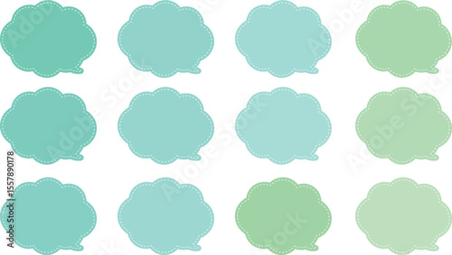 All the bubbles have a distinctive, rounded, cloud-like, or scalloped edge design. This vector image features twelve speech bubbles. Speech bubble with a white dashed line inside.