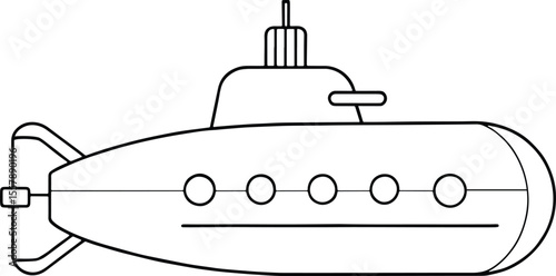 Cartoon submarine in black and white outline ideal for children’s coloring pages