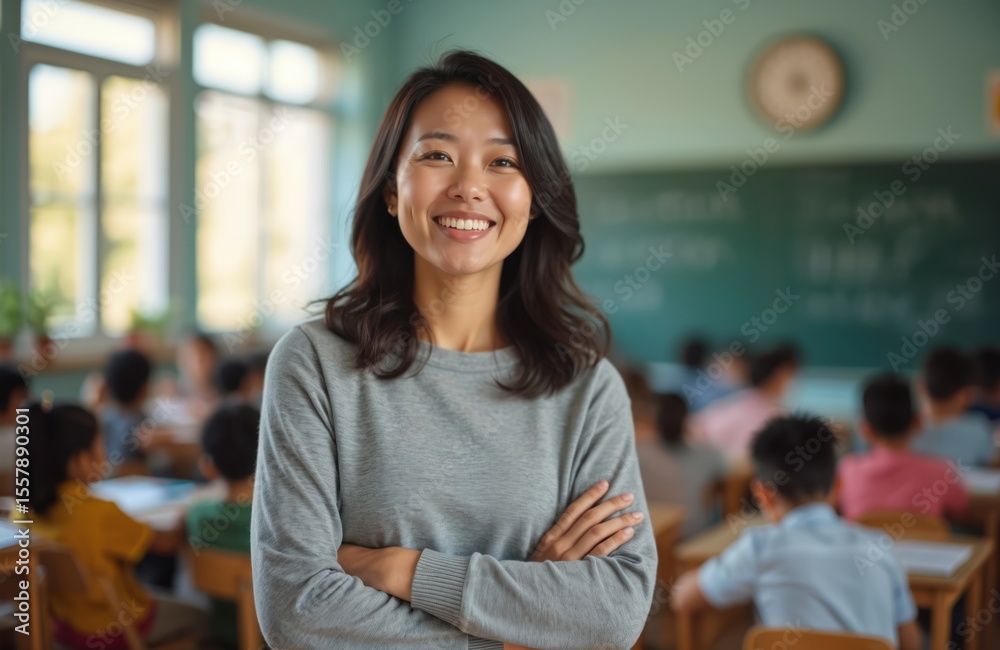 Fototapeta premium Smiling Asian American woman teacher in classroom. She celebrates World Teachers Day. Educator crossed hands, looking at camera. Students at desks blurred in background. Education concept.