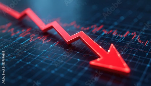 Red arrow indicates financial market decline. Bearish trend illustrated over chart of falling stock prices. Economic instability concept, representing losses, recession, crisis. Financial data,