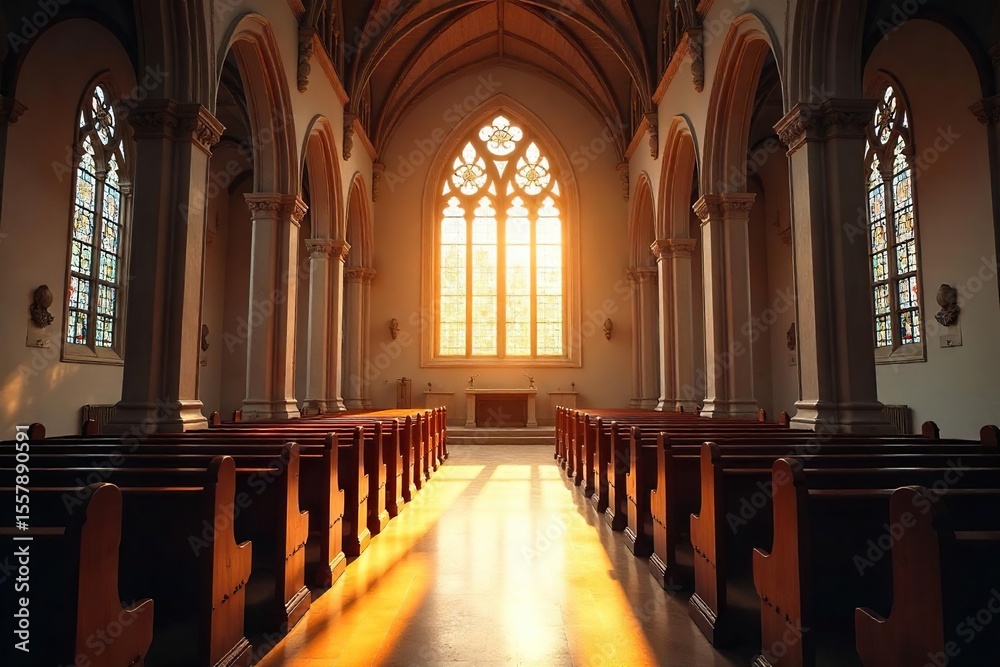 Fototapeta premium Sunlit Church Interior Peaceful Prayer Space, Stained Glass, Spiritual Sanctuary