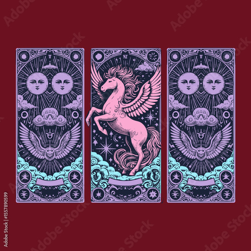 a winged horse from myth drifts across ancient cardstock, pegasus rendered in ornate vector