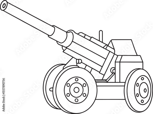 Vintage artillery cannon with wheels in black and white outline art