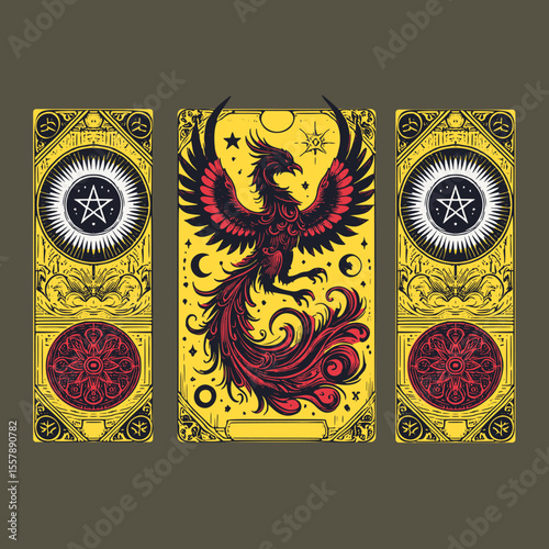 through cracks in time, a phoenix ascends in glowing vector detail across lost card archives