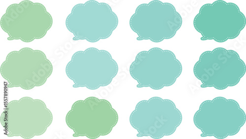 All the bubbles have a distinctive, rounded, cloud-like, or scalloped edge design. This vector image features twelve speech bubbles. Speech bubble with a white dashed line inside.