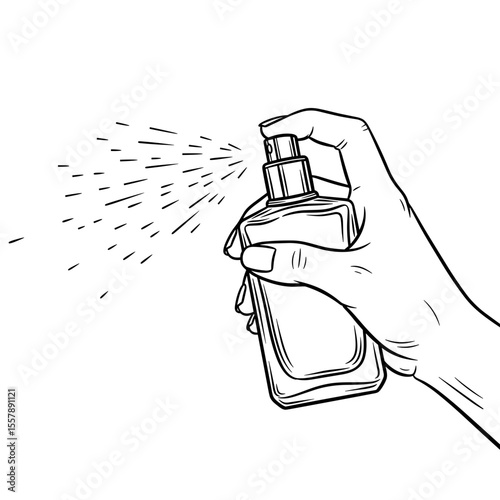 Hand spraying a cosmetic or fragrance bottle, symbolizing beauty and personal care