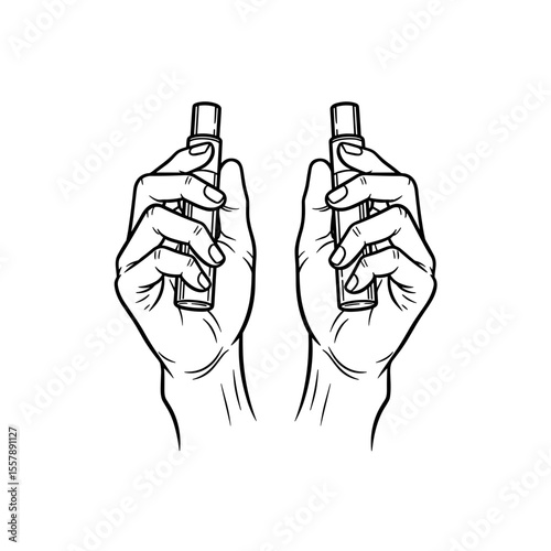 Hands holding two spray bottles, ready for application in a skincare or beauty routine