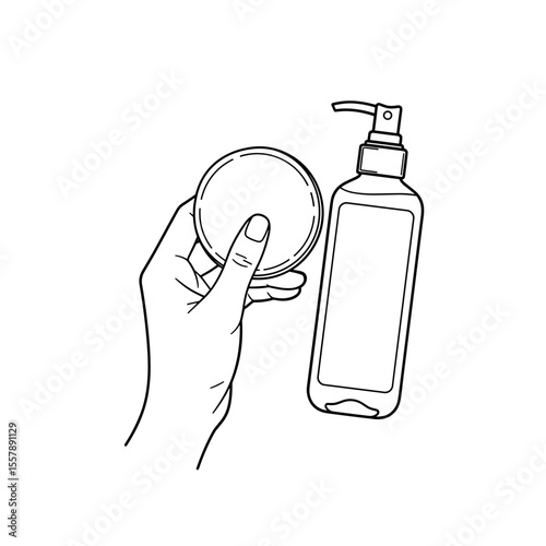 Hand holding a cotton pad and a spray bottle, preparing for a skincare routine
