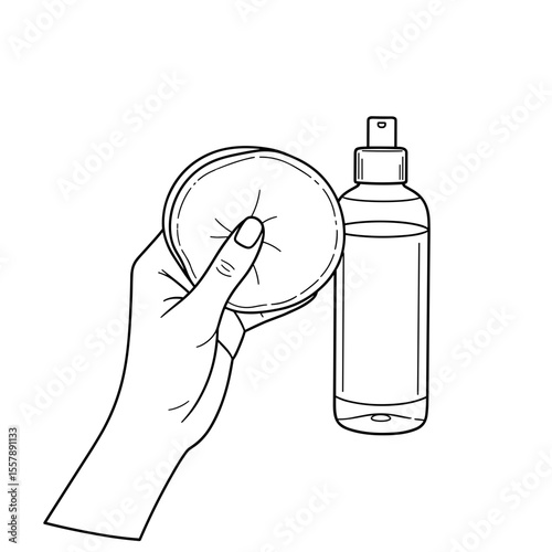 Hand holding a cotton pad and spray bottle, ready for skincare application