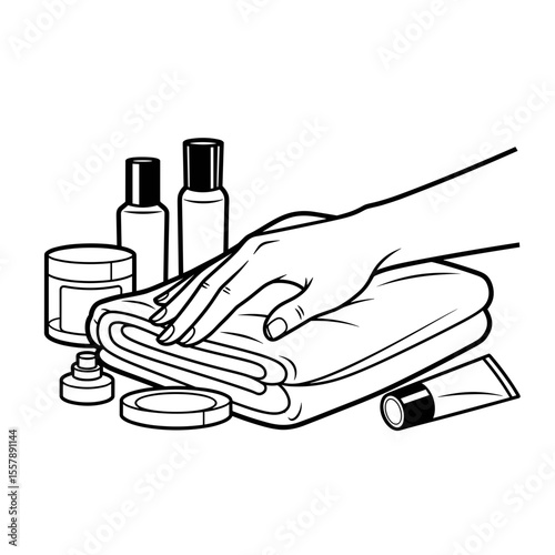 Hand preparing a towel and beauty products for a manicure session