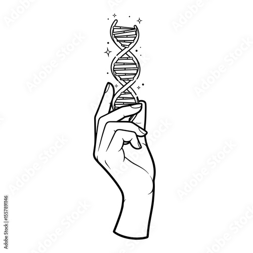 Hand holding a DNA double helix with sparkling elements, symbolizing the wonder of genetic science