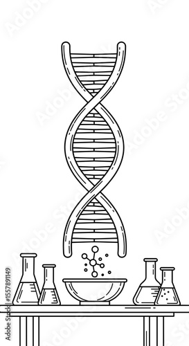 DNA double helix above a laboratory setup with flasks and a bowl, symbolizing genetic experiments and research