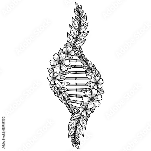 Elegant DNA double helix adorned with flowers and leaves, symbolizing the harmony of nature and genetics