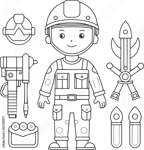 Cartoon firefighter in action pose outlined for kids coloring page