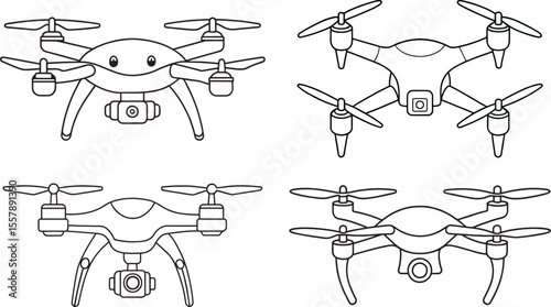 Cartoon drones in outlined form representing remote control flying devices