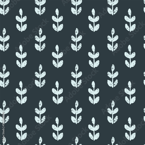 Seamless vector repeat pattern with tiny ditsy leaf branch half drop in light blue with slight weathered texture on dark navyn. Boho, simple, universal ditsy abstract botanical shapes.