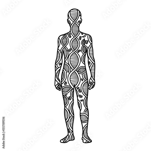 Human silhouette filled with DNA patterns, symbolizing the connection between genetics and identity