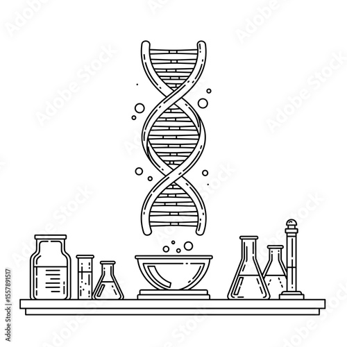Laboratory setup with a DNA double helix above various scientific instruments and substances, symbolizing genetic research