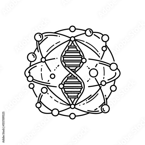 Abstract design featuring a DNA double helix surrounded by interconnected spheres, representing the fusion of genetics and science