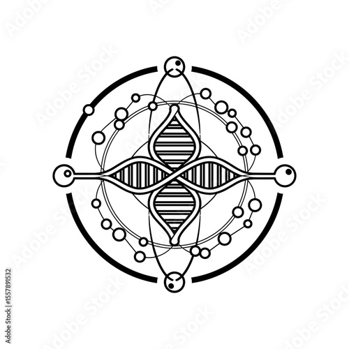 Abstract design featuring DNA double helix within a circular pattern, symbolizing the fusion of genetics and science