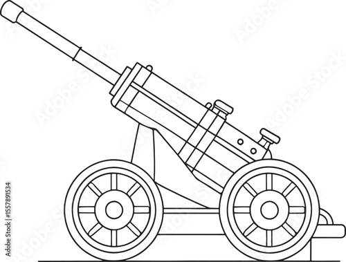 Field artillery cannon with wheels in outline for military history visuals