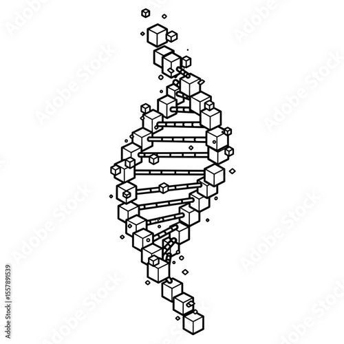Abstract DNA double helix composed of cubes and spheres, symbolizing the intersection of genetics and technology