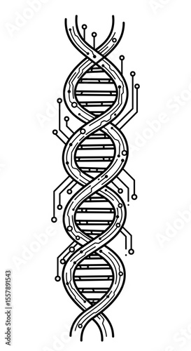 Vertical DNA double helix integrated with circuit patterns, symbolizing the blend of genetics and technology
