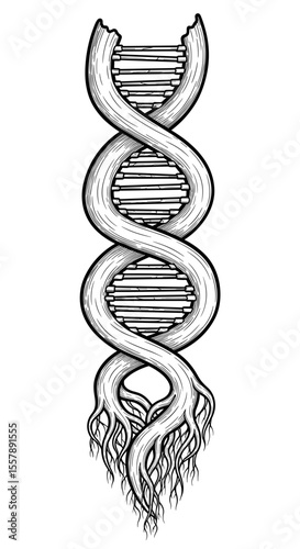 Stylized DNA double helix with roots symbolizing the connection between genetics and nature