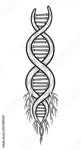 Stylized DNA double helix with roots symbolizing connection to nature and life
