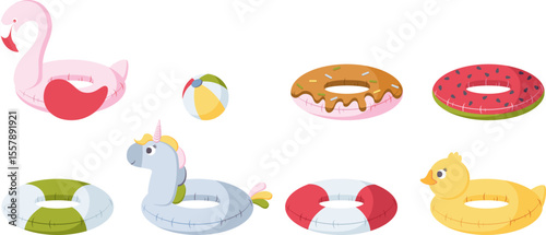 Inflatable ball, flamingo, duck, ring, donut, unicorn, watermelon ring for swimming pool and beach. Hand drawn simple illustration.