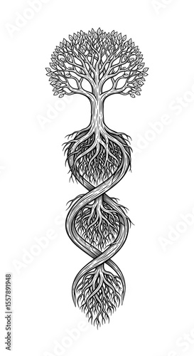 Intricate tree design with twisted roots and branches representing DNA and life