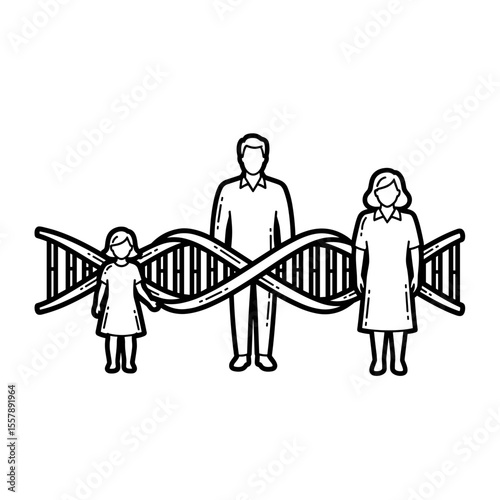 Family standing together with a swirling DNA strand symbolizing their genetic connection
