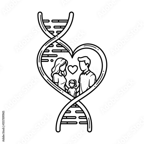 Family inside a heart-shaped DNA strand symbolizing love and connection