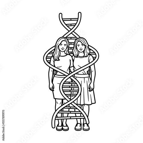 Identical twins standing surrounded by DNA strands in a creative illustration