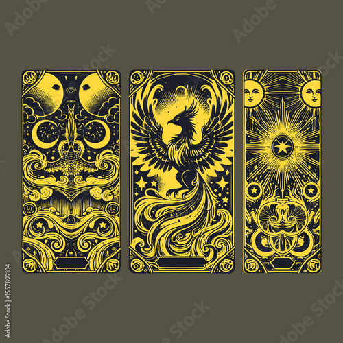 in the ashes of forgotten decks, the phoenix spreads its wings in vintage vector ink