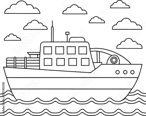 Landing craft outline in black and white over simple cloudy background