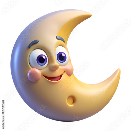 3D cartoon crescent moon character with big purple eyes and smile isolated
