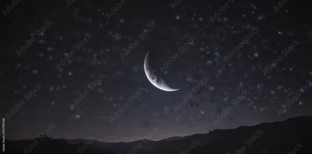 Naklejka premium Crescent moon hangs low, few bright stars scattered across inky black , universe, heavenly bodies, minimalist