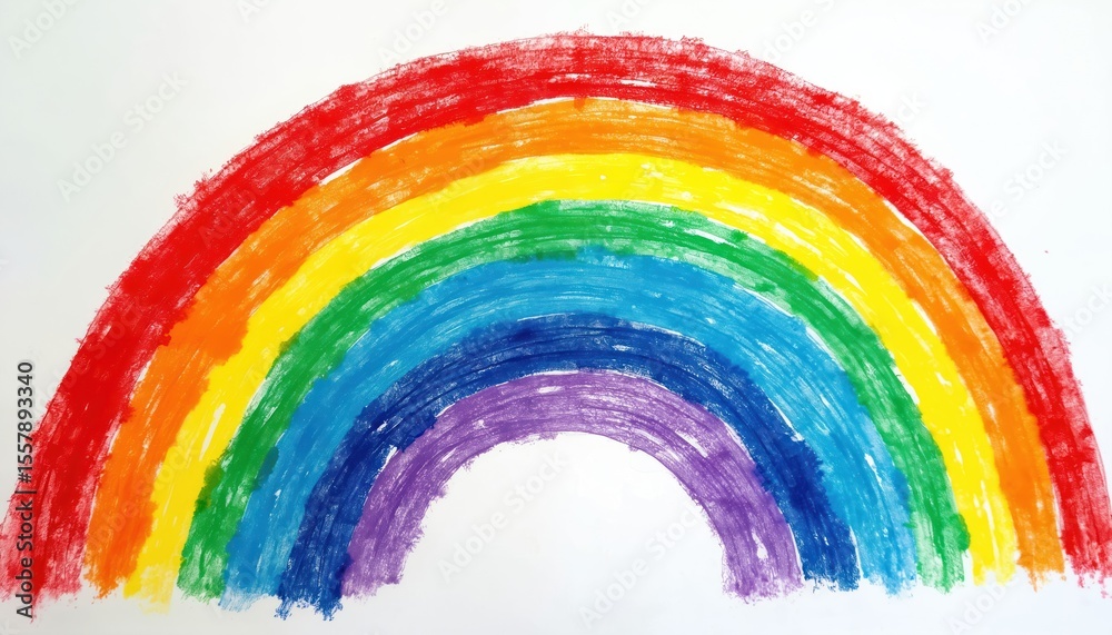 Obraz premium Childs colorful crayon drawing rainbow. Textured, artistic hand drawn style. Vibrant colorful arc, painted in wax crayons. Childlike art. Perfect illustration design.