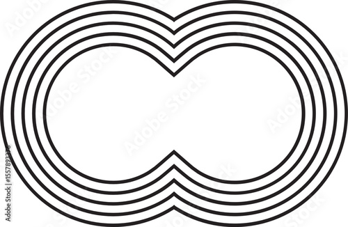 Shape composed of two overlapping circles traced with five concentric and parallel contours.