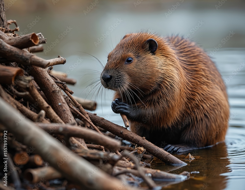 Close-up of beaver with brown fur, sitting in water near wooden sticks. Wild rodent in natural environment, building lodge, looking left. Wildlife scene, natural habitat. Close-up of beaver with brown fur, sitting in water near wooden sticks. Wild rodent in natural environment, building lodge, looking left. Wildlife scene, natural habitat.