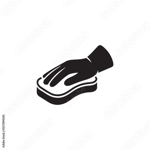 Hand in Glove Cleaning with a Sponge.A simple, black and white graphic depicts a hand wearing a glove, gently touching a cleaning sponge.