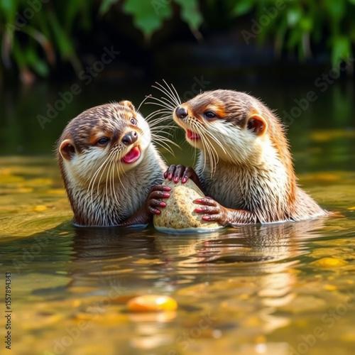 Retrato dos nutrias apoyadas en una roca en un río con vegetación de fondo