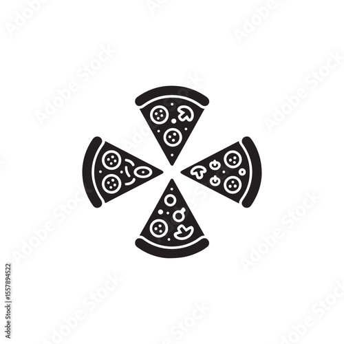 Four Different Pizza Toppings Radiating Outward.A graphic design showcasing four slices of pizza, each with varied toppings, arranged in a radiating pattern.
